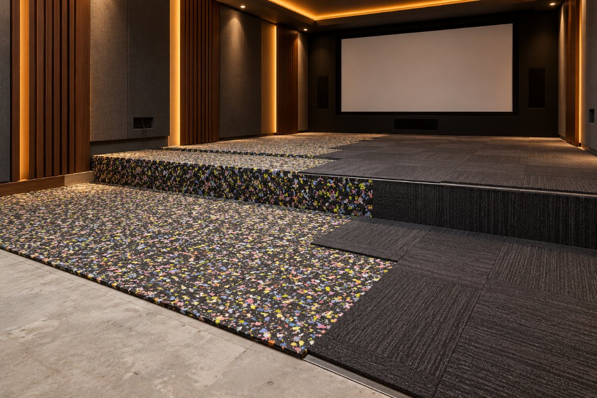 Home theatre floor with vibration and impact control