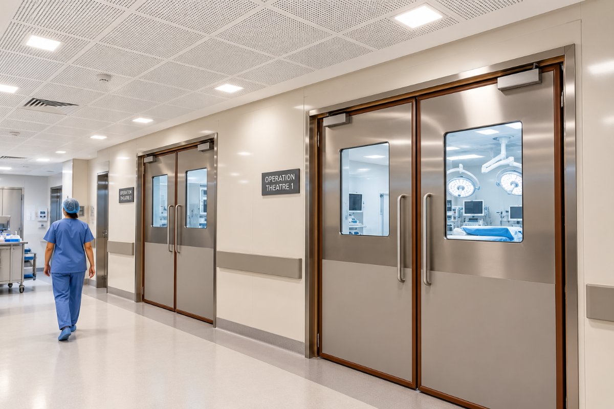 Hospital operation theatre with wipe-down acoustic ceiling