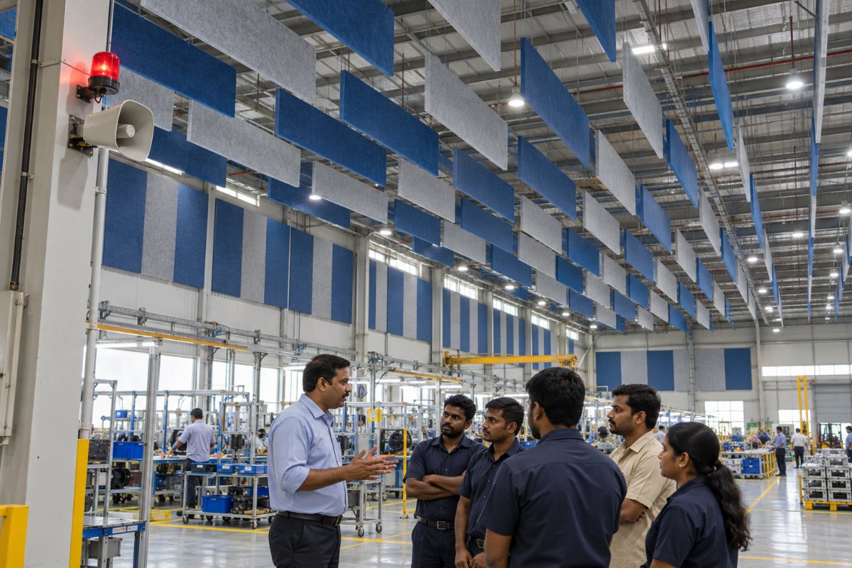 Factory floor where alarms and instructions must stay audible
