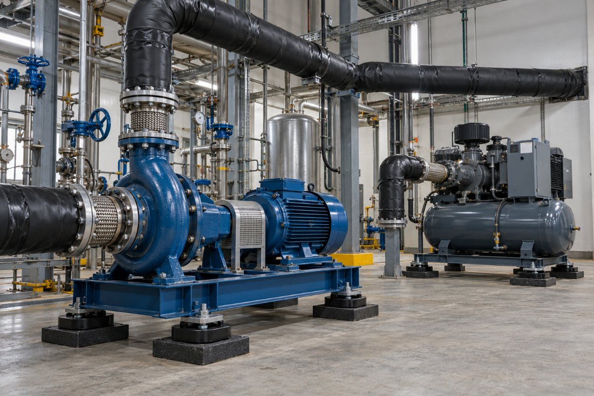 Compressors, pumps and fan sets with noise control