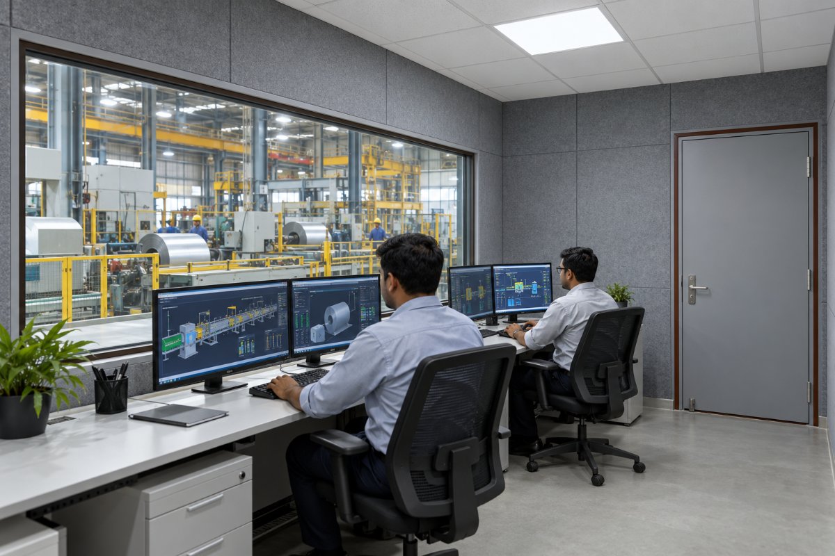 Soundproof control cabin beside the machine