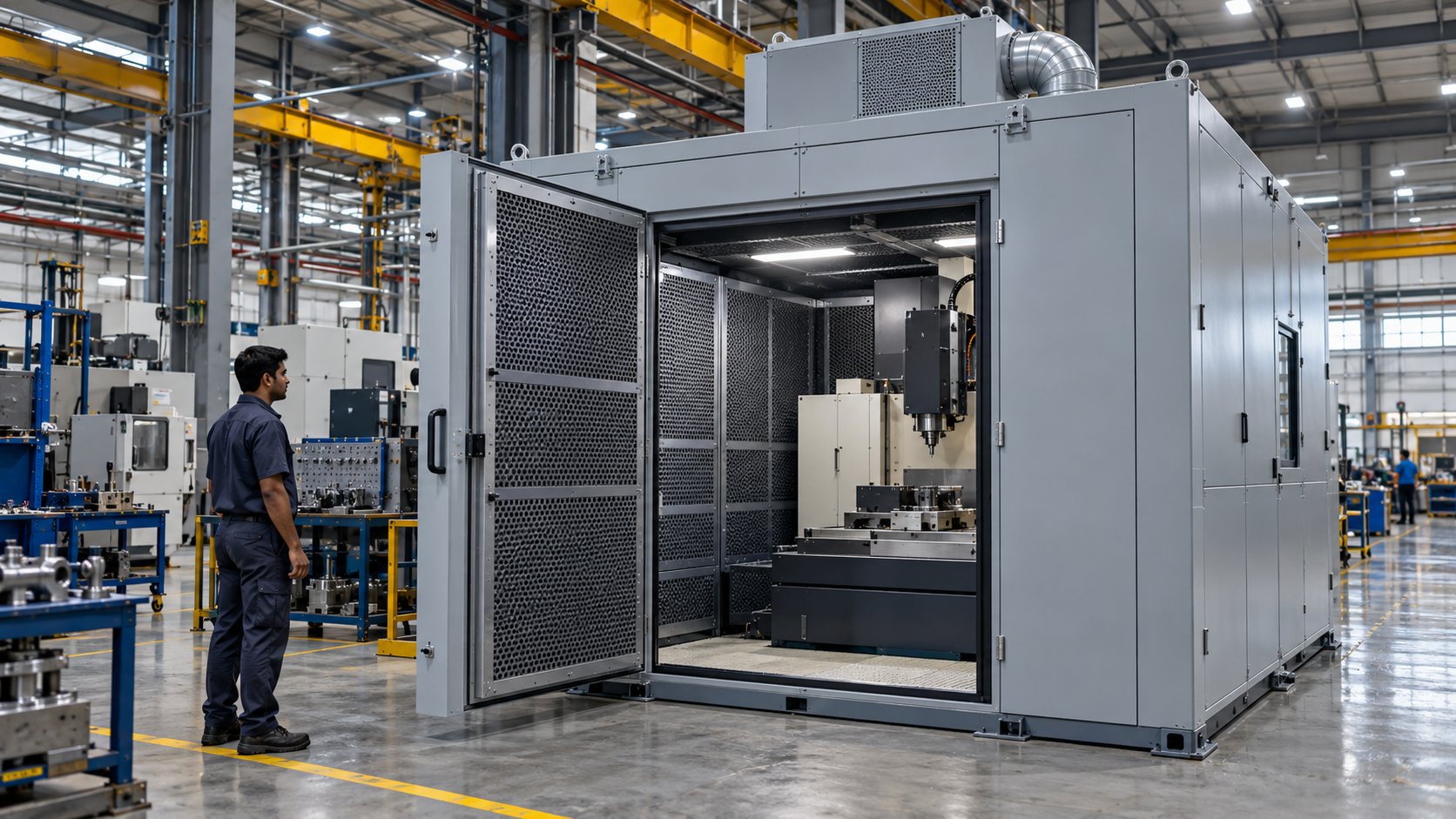 Machine enclosure built to stop casing noise radiating into a plant