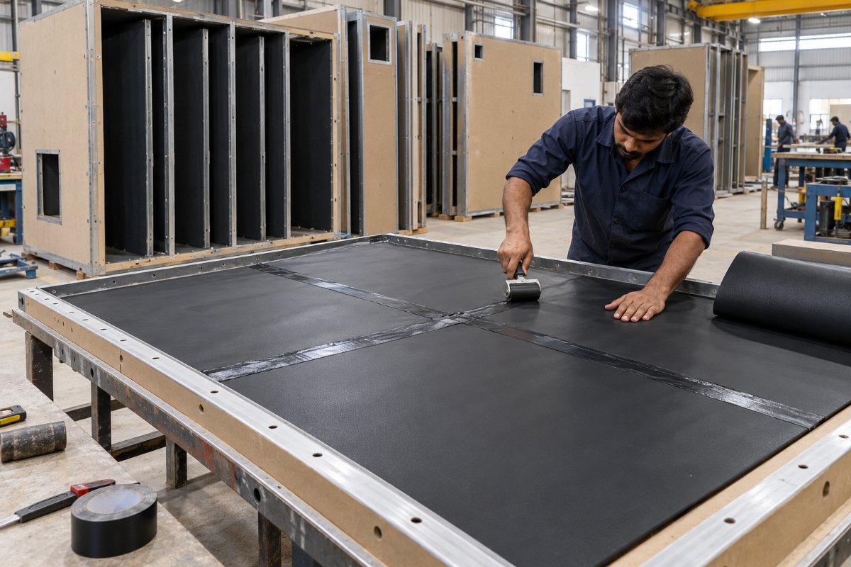 Machine enclosure shell lined with SoundBlanket mass loaded vinyl