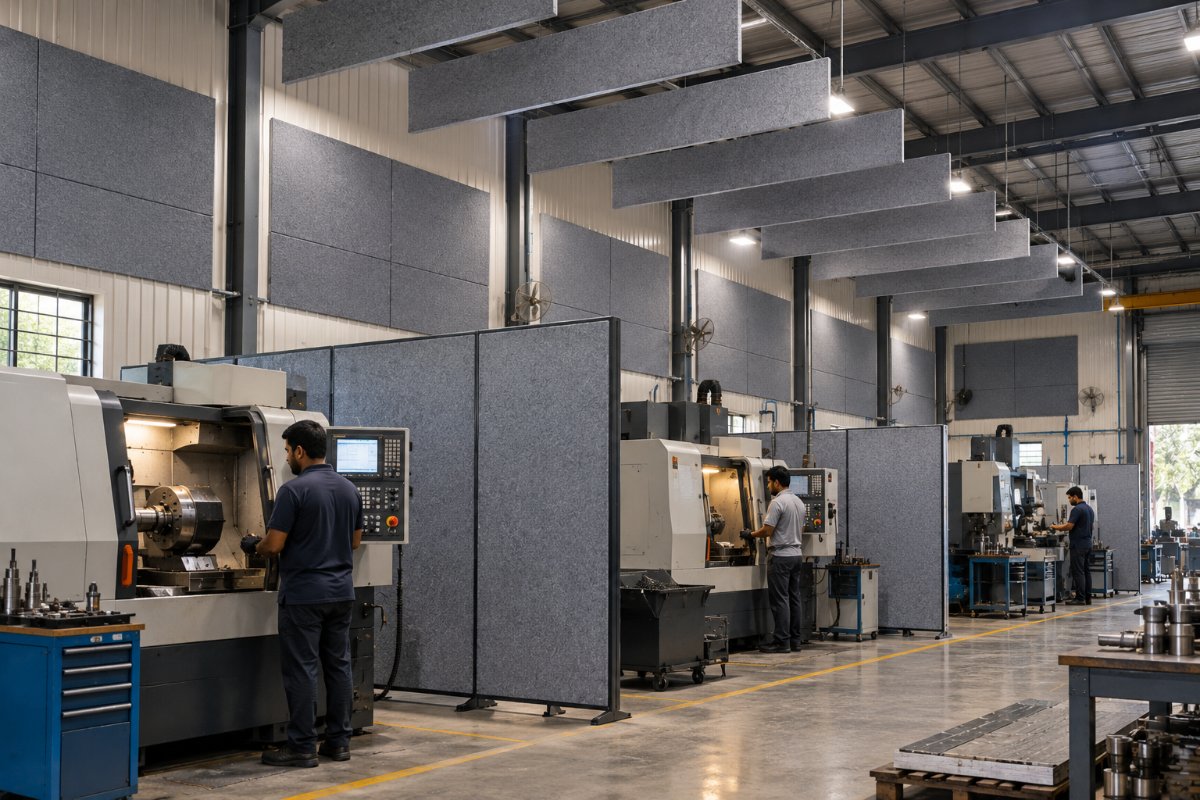 Workshop and open machine bay with acoustic treatment