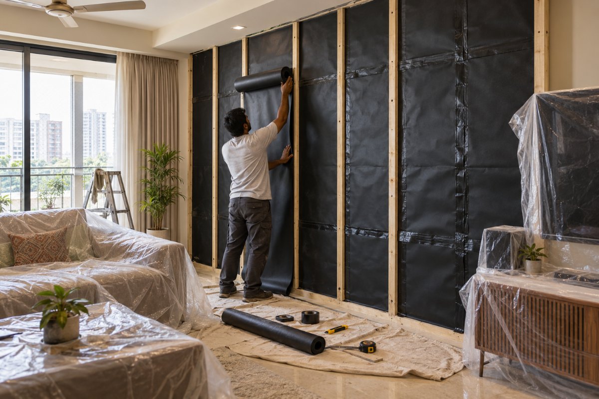 SoundBlanket barrier on a party wall at home