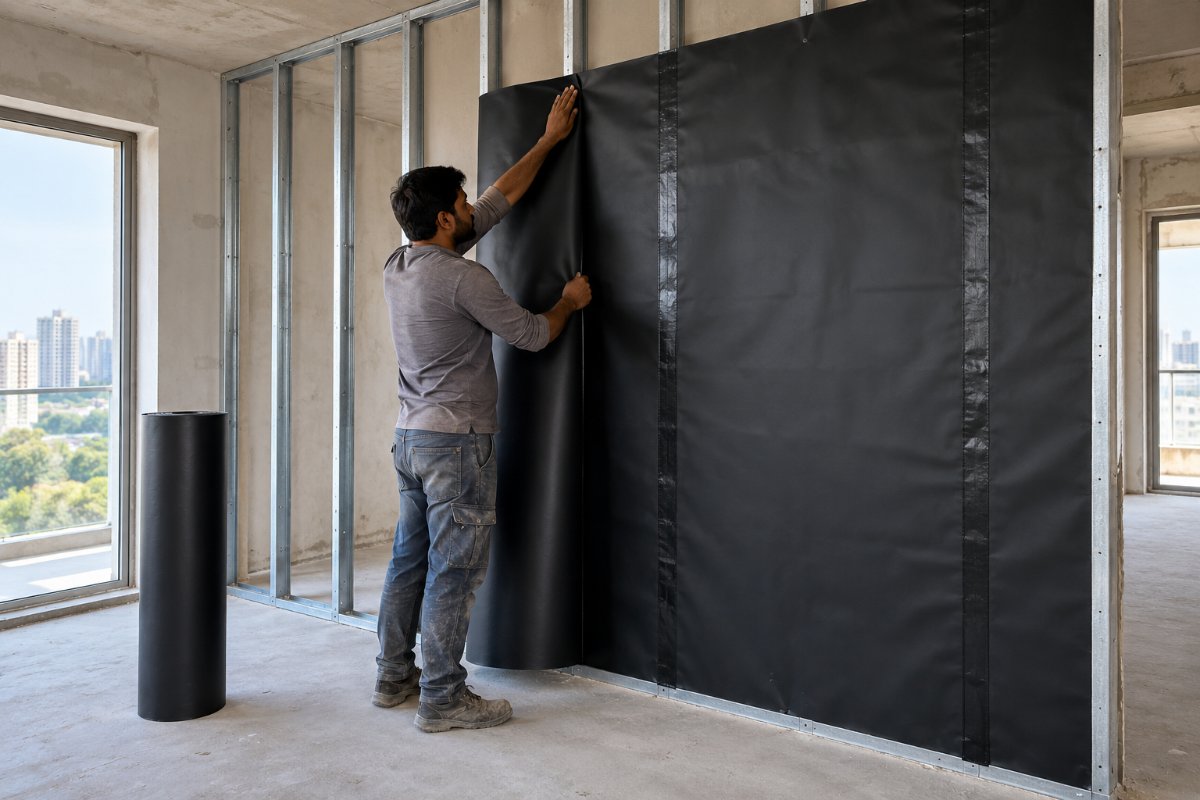 SoundBlanket mass loaded vinyl fixed to a wall