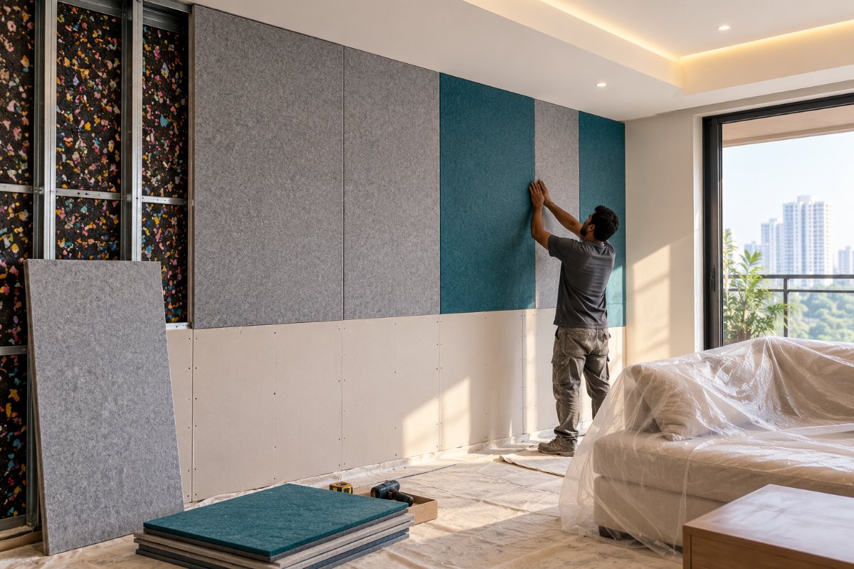 Acoustic panel face on a soundproofed wall