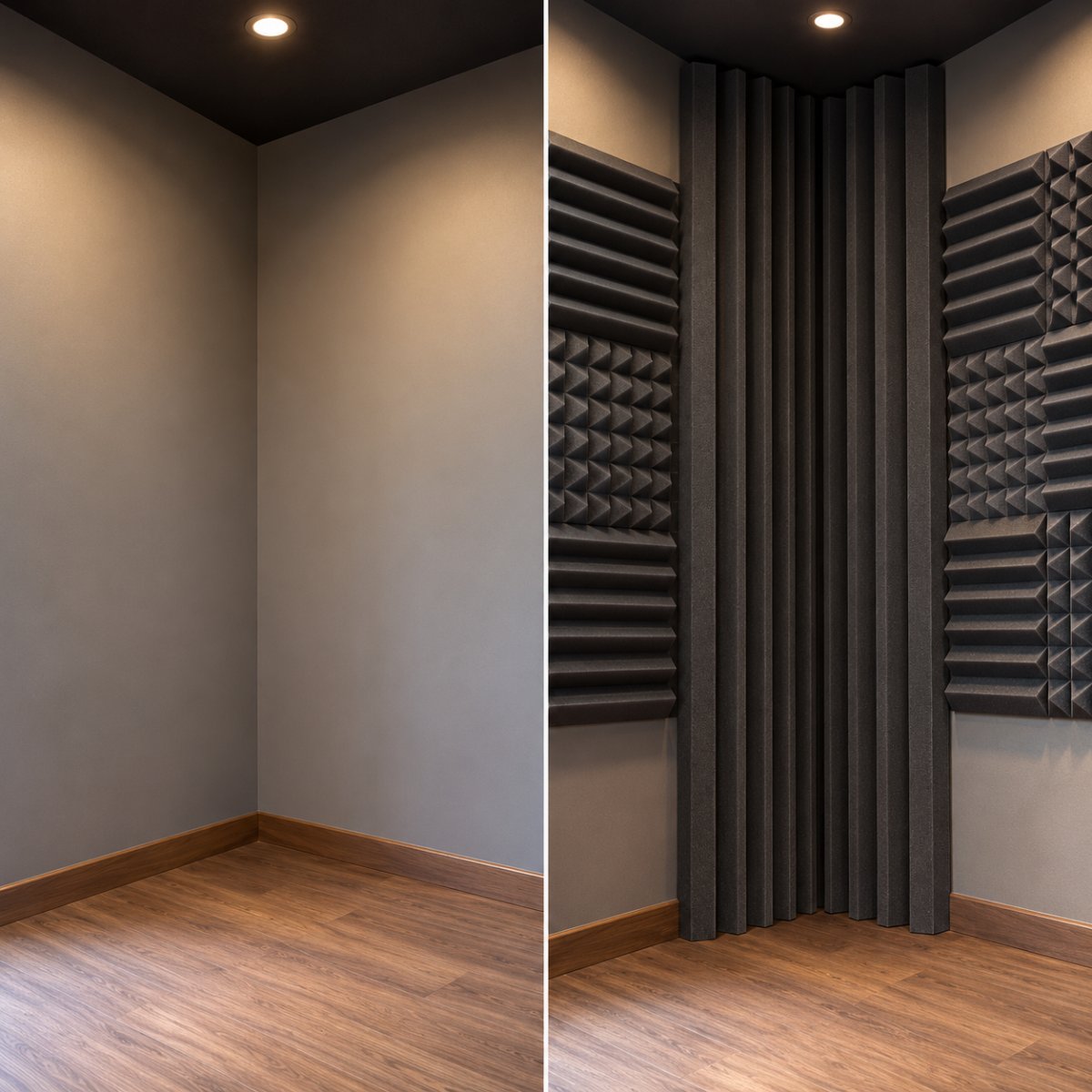 Room corner before and after Bass Trap Mega