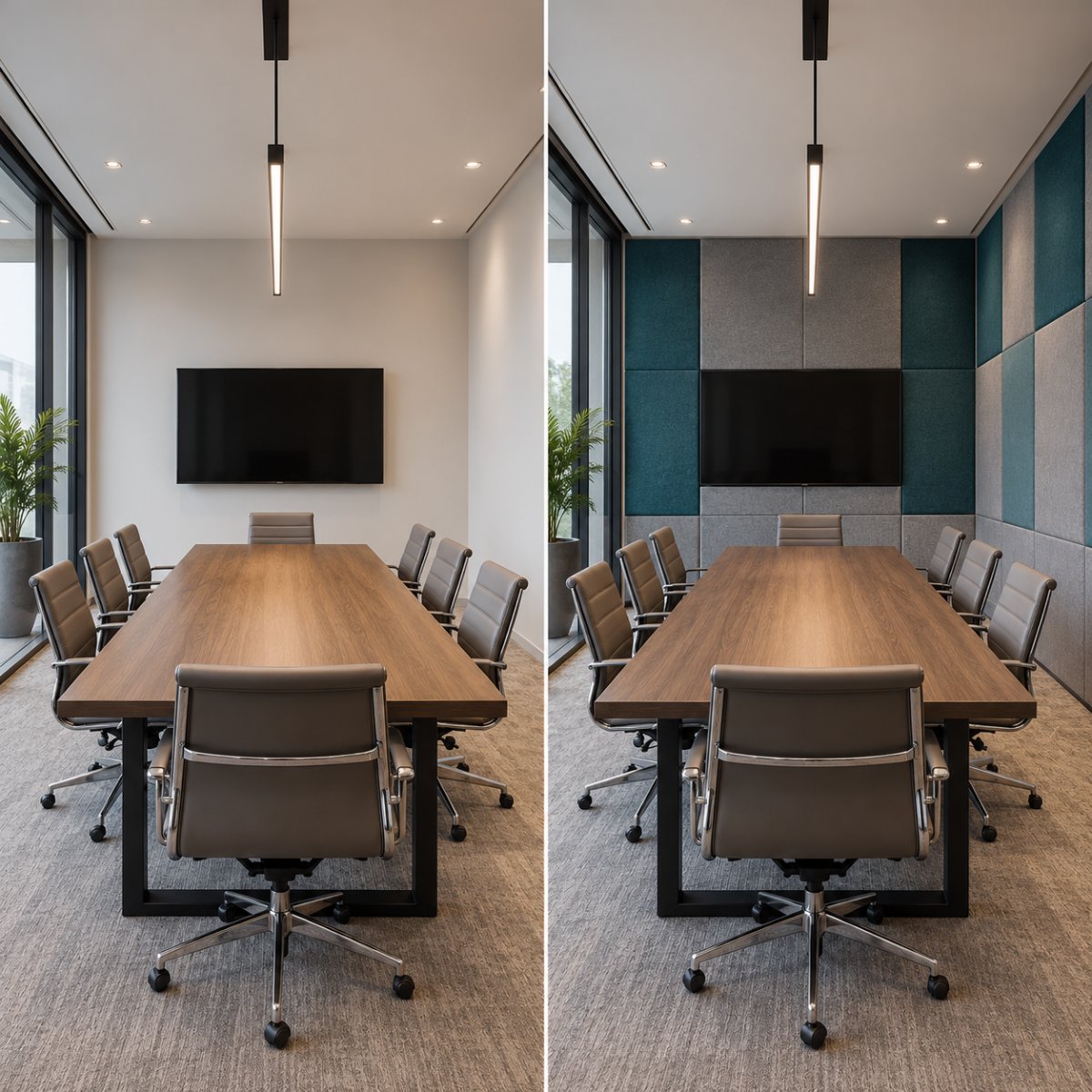 Room before and after Acoustic Fabric Panels