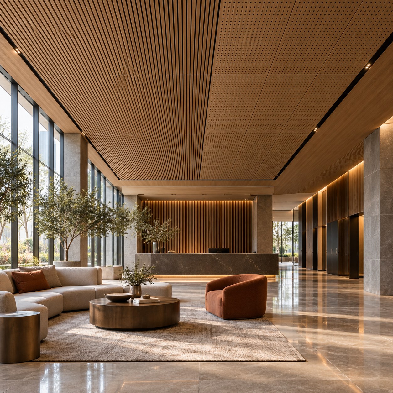 Commercial spaces: wooden acoustic ceiling tiles in Singapore