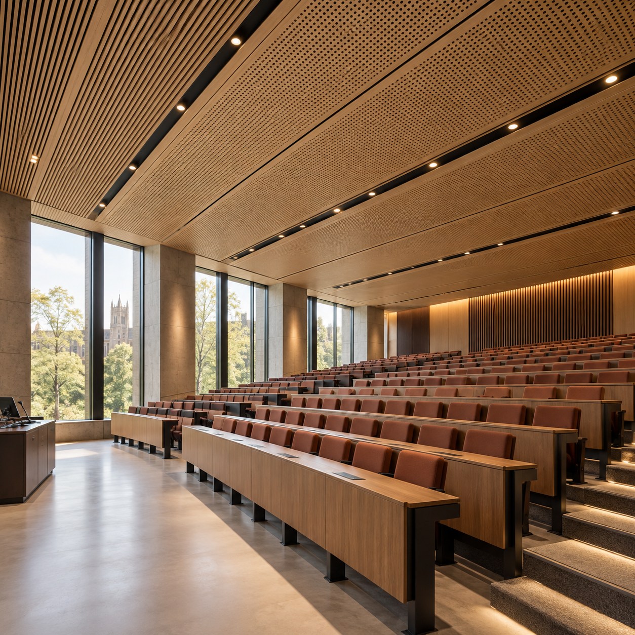 Educational facilities: wooden acoustic ceiling tiles in Singapore