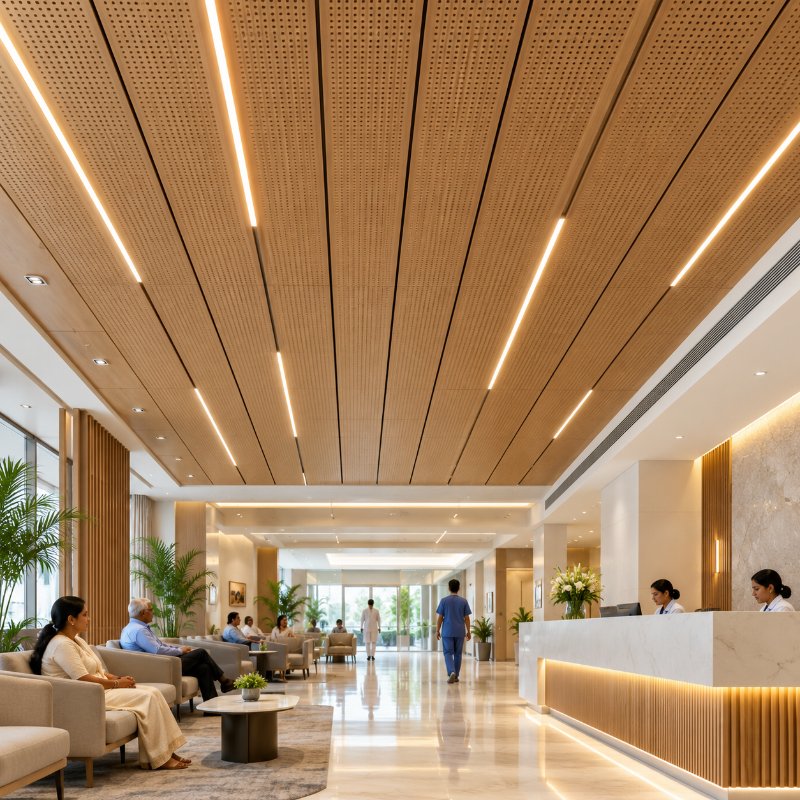 Healthcare: wooden acoustic ceiling tiles in Singapore