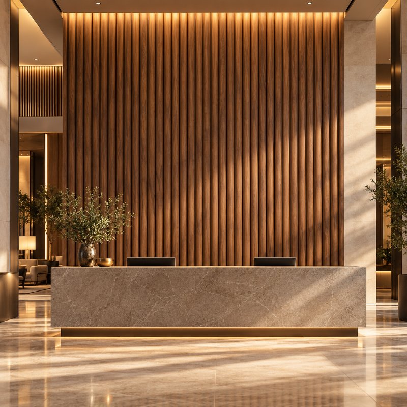 Hospitality: wooden fluted acoustic panels in Singapore